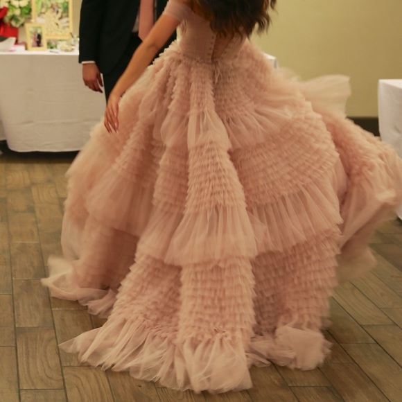 Misty Rose Off-The-Shoulder Frill-Layered Gown - Picture 8 of 8